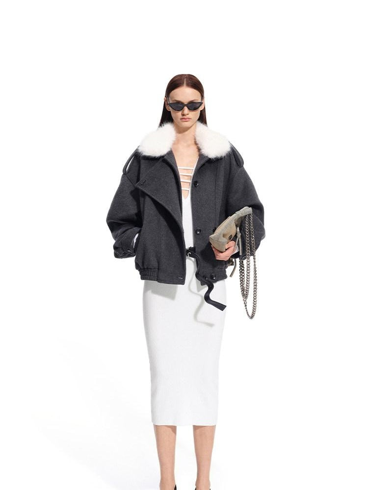 NAWSNOTAWEAR Cozy Warm High Collar Loose Casual Short Length Women Grass Gray Wool Coats