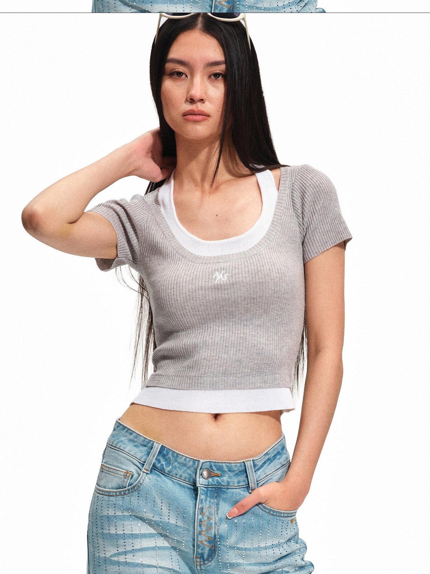 NAWSNOTAWEAR Cozy Wool Blend Preppy Slim Fit U Neck Women Gravel Gray Short Sleeve T-Shirts