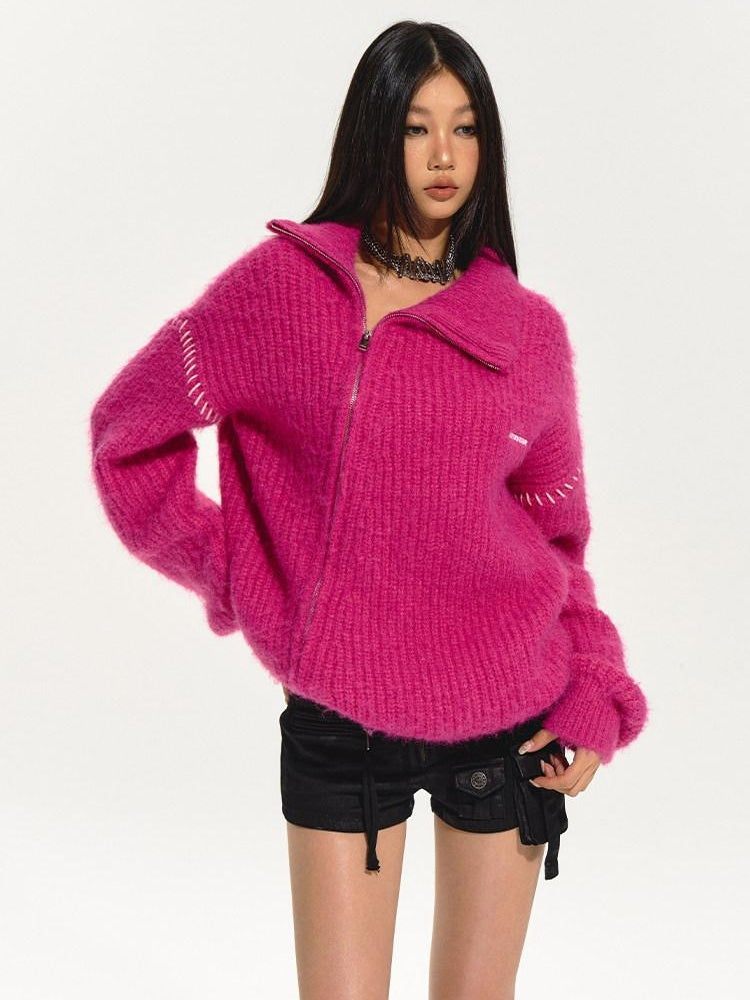 NAWSNOTAWEAR Cozy Wool Blend Relaxed Fit Half High Collar Zip Office Knit Cardigans