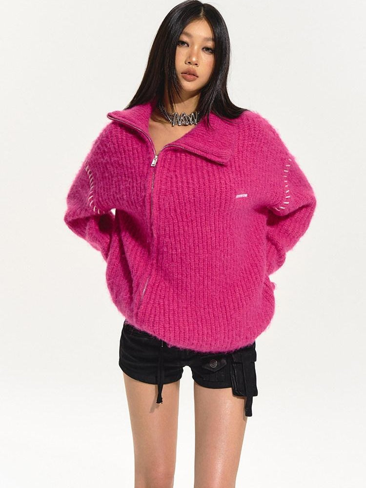 NAWSNOTAWEAR Cozy Wool Blend Relaxed Fit Half High Collar Zip Office Knit Cardigans