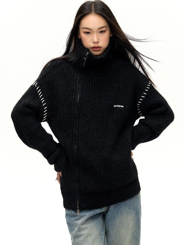 NAWSNOTAWEAR Cozy Wool Blend Relaxed Fit Half High Collar Zip Office Knit Cardigans