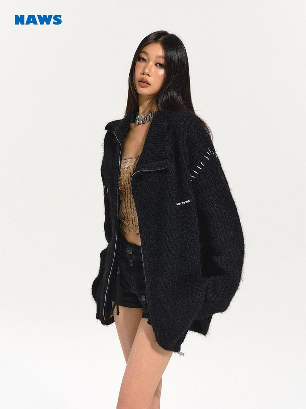 NAWSNOTAWEAR Cozy Wool Blend Relaxed Fit Half High Collar Zip Office Knit Cardigans