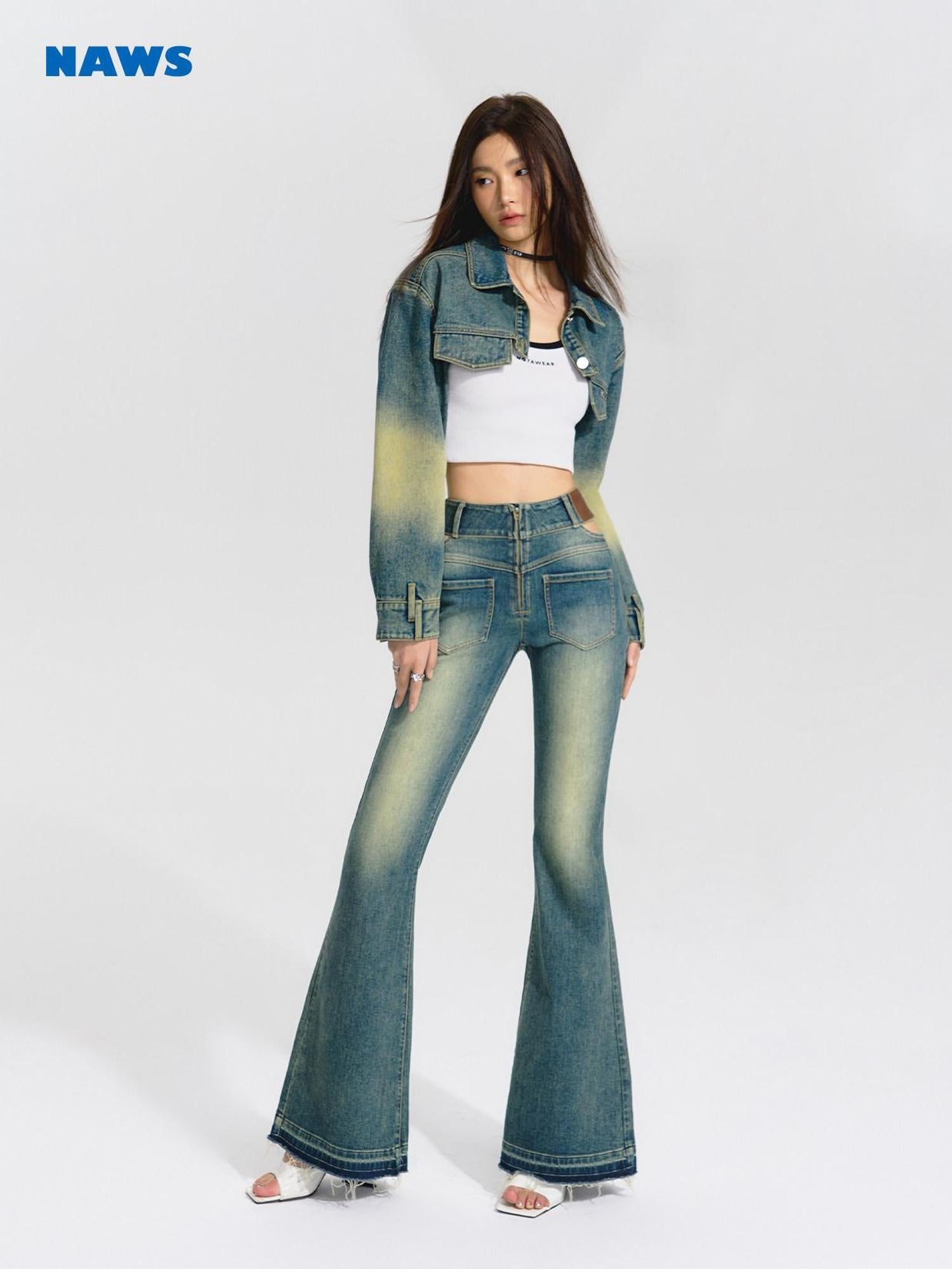 NAWSNOTAWEAR Cropped Cotton Letter Print Loose Original Design Iris Blue Denim Jackets