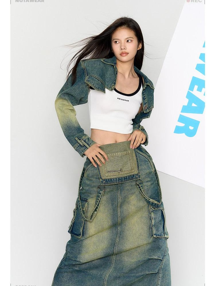 NAWSNOTAWEAR Cropped Cotton Letter Print Loose Original Design Iris Blue Denim Jackets
