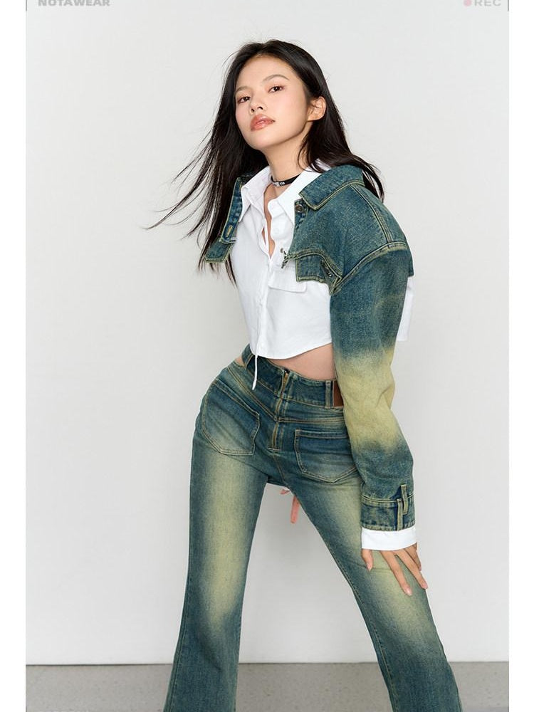 NAWSNOTAWEAR Cropped Cotton Letter Print Loose Original Design Iris Blue Denim Jackets