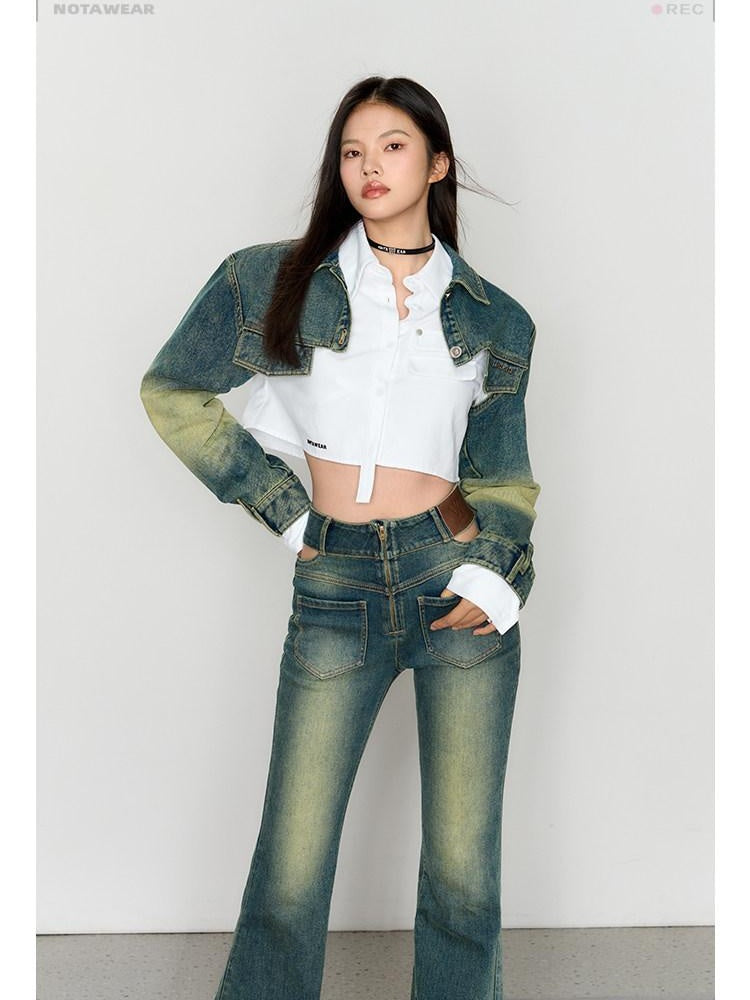 NAWSNOTAWEAR Cropped Cotton Letter Print Loose Original Design Iris Blue Denim Jackets