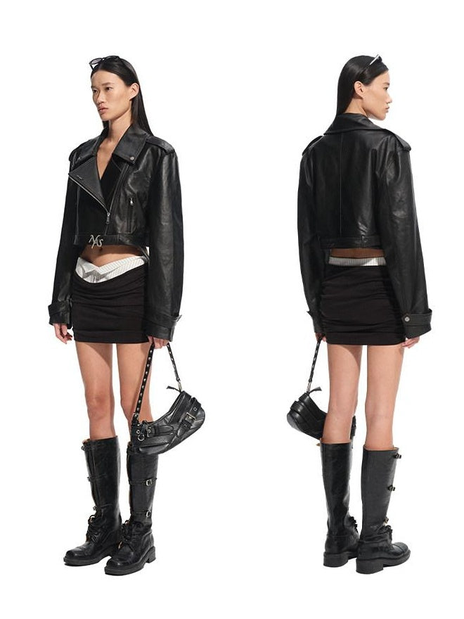 NAWSNOTAWEAR Cropped Goatskin Zip Relaxed Street Lapel Youth Leather Jackets