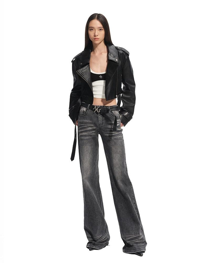 NAWSNOTAWEAR Cropped Goatskin Zip Relaxed Street Lapel Youth Leather Jackets