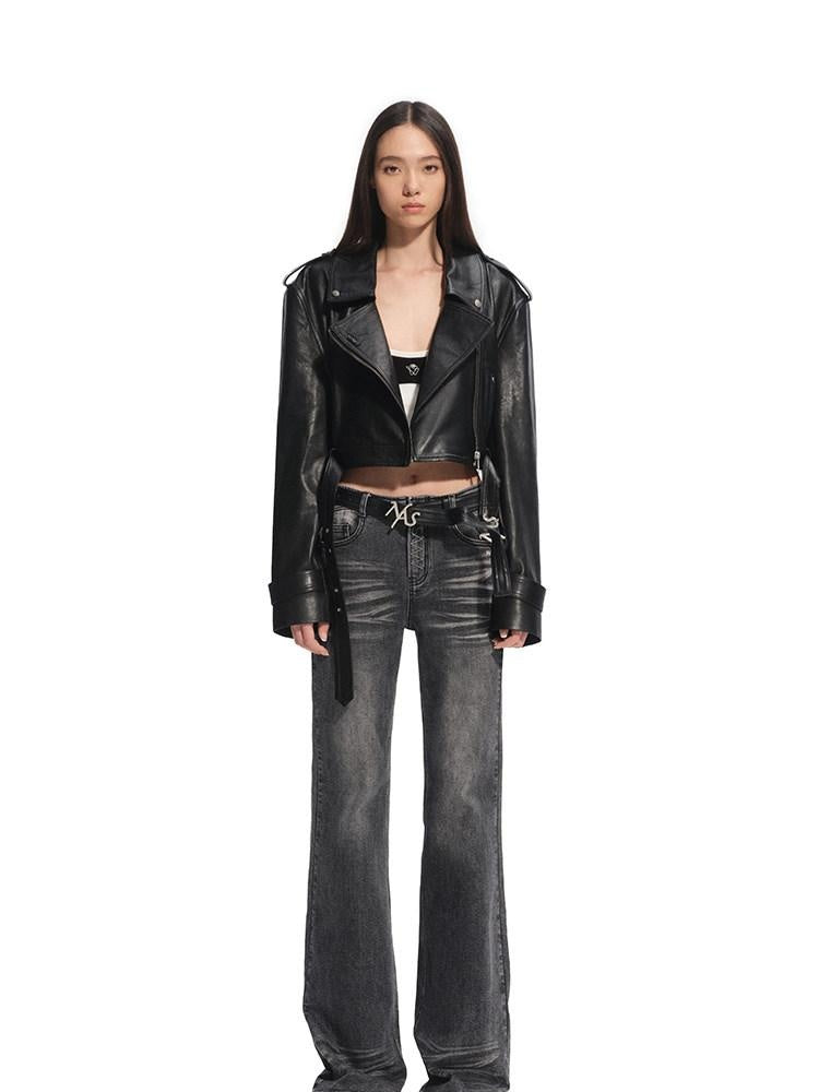 NAWSNOTAWEAR Cropped Goatskin Zip Relaxed Street Lapel Youth Leather Jackets