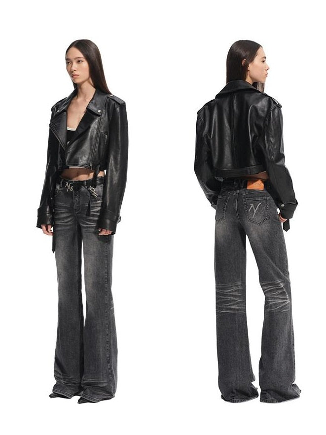 NAWSNOTAWEAR Cropped Goatskin Zip Relaxed Street Lapel Youth Leather Jackets