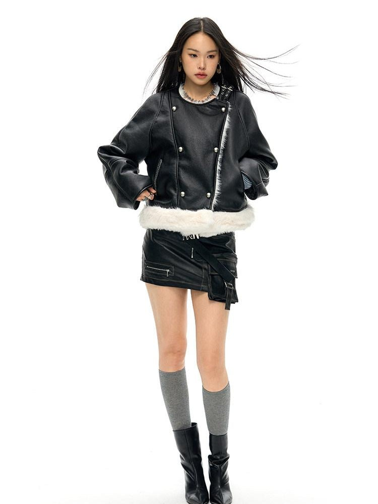 NAWSNOTAWEAR Cropped Long Sleeve Vertical Fur Panel Commuter Women Leather Jackets