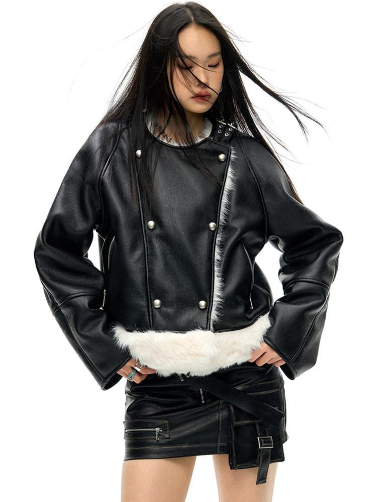 NAWSNOTAWEAR Cropped Long Sleeve Vertical Fur Panel Commuter Women Leather Jackets