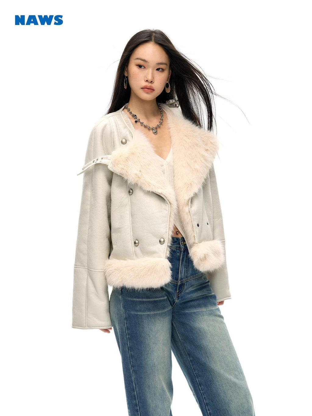 NAWSNOTAWEAR Cropped Long Sleeve Vertical Fur Panel Commuter Women Leather Jackets