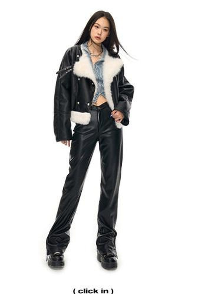 NAWSNOTAWEAR Cropped Long Sleeve Vertical Fur Panel Commuter Women Leather Jackets