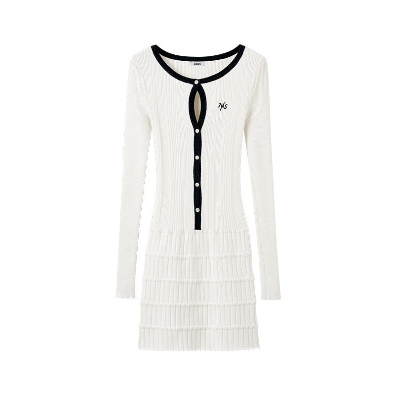 NAWSNOTAWEAR_Cutout_Knit_Cinched_Waist_Slim_Longsleeve_Frost_White_Casual_Mini_Dresses_MISSTT