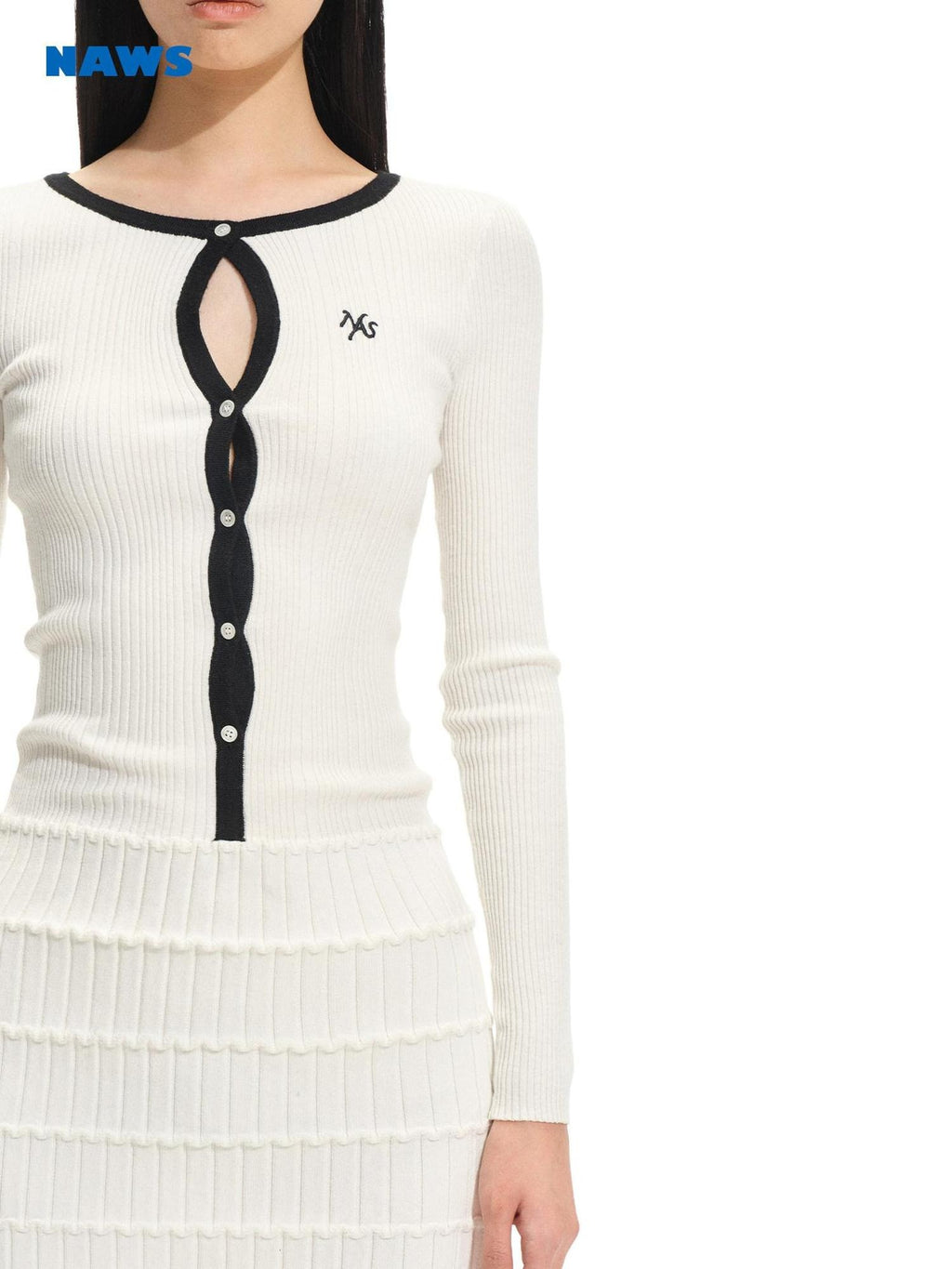 NAWSNOTAWEAR Cutout Knit Cinched Waist Slim Longsleeve Frost White Casual Mini Dresses