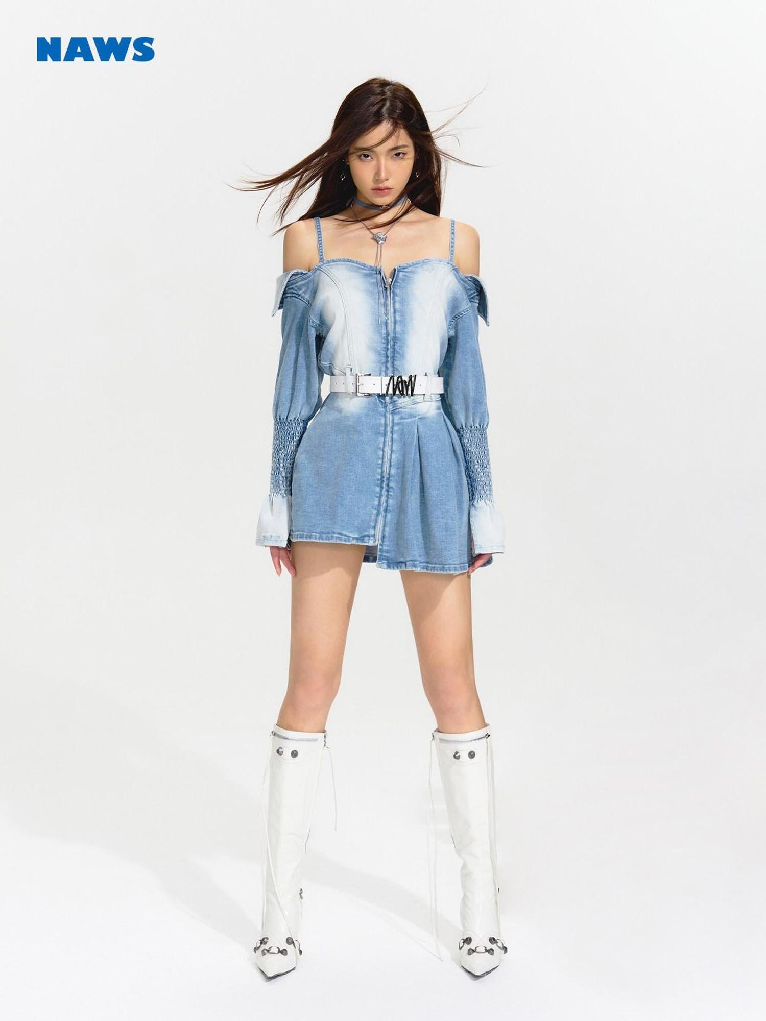 NAWSNOTAWEAR Distressed High Waist Asymmetrical Cotton Off Shoulder Women Blue Mini Dresses