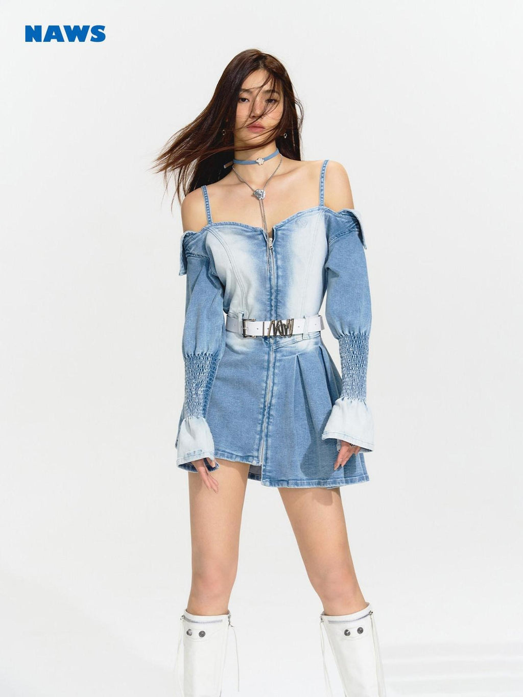 NAWSNOTAWEAR Distressed High Waist Asymmetrical Cotton Off Shoulder Women Blue Mini Dresses