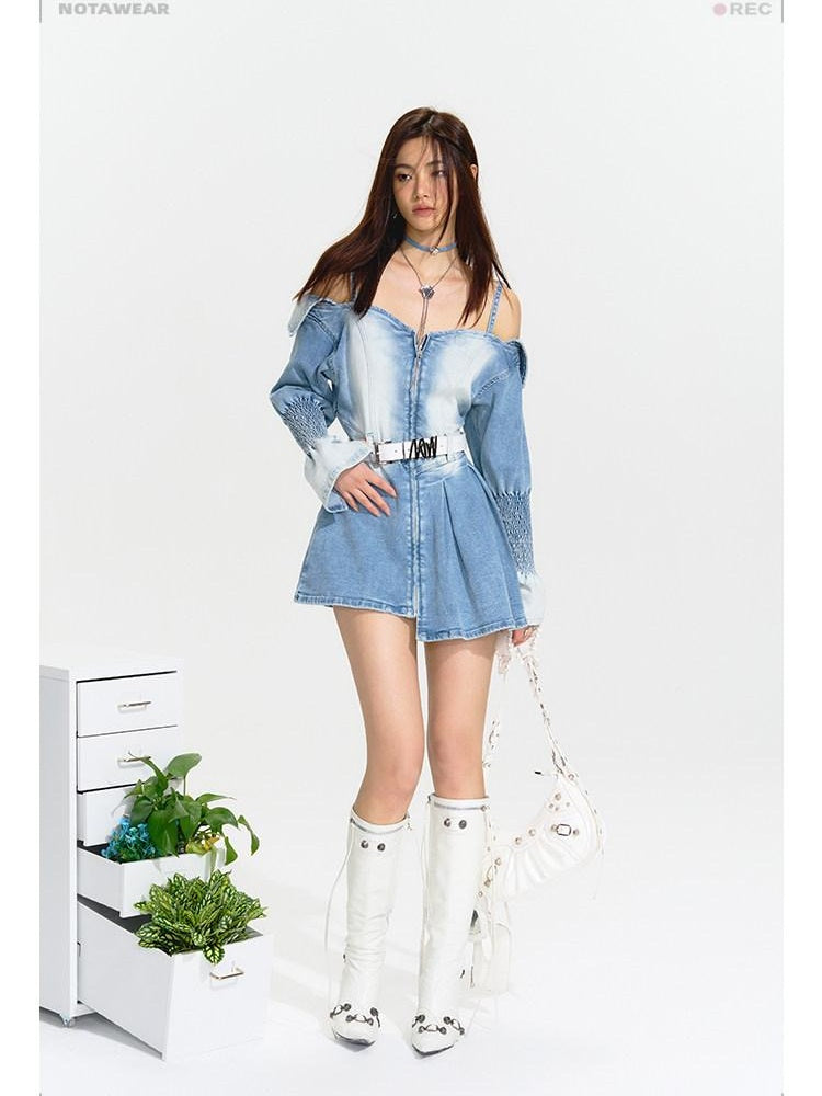 NAWSNOTAWEAR Distressed High Waist Asymmetrical Cotton Off Shoulder Women Blue Mini Dresses