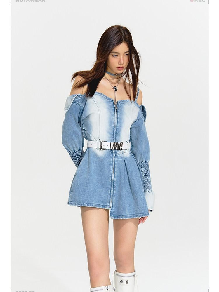 NAWSNOTAWEAR Distressed High Waist Asymmetrical Cotton Off Shoulder Women Blue Mini Dresses