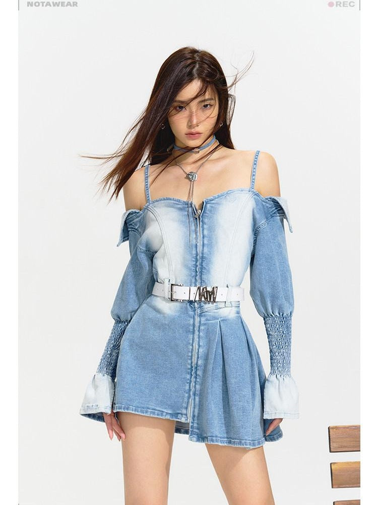 NAWSNOTAWEAR Distressed High Waist Asymmetrical Cotton Off Shoulder Women Blue Mini Dresses