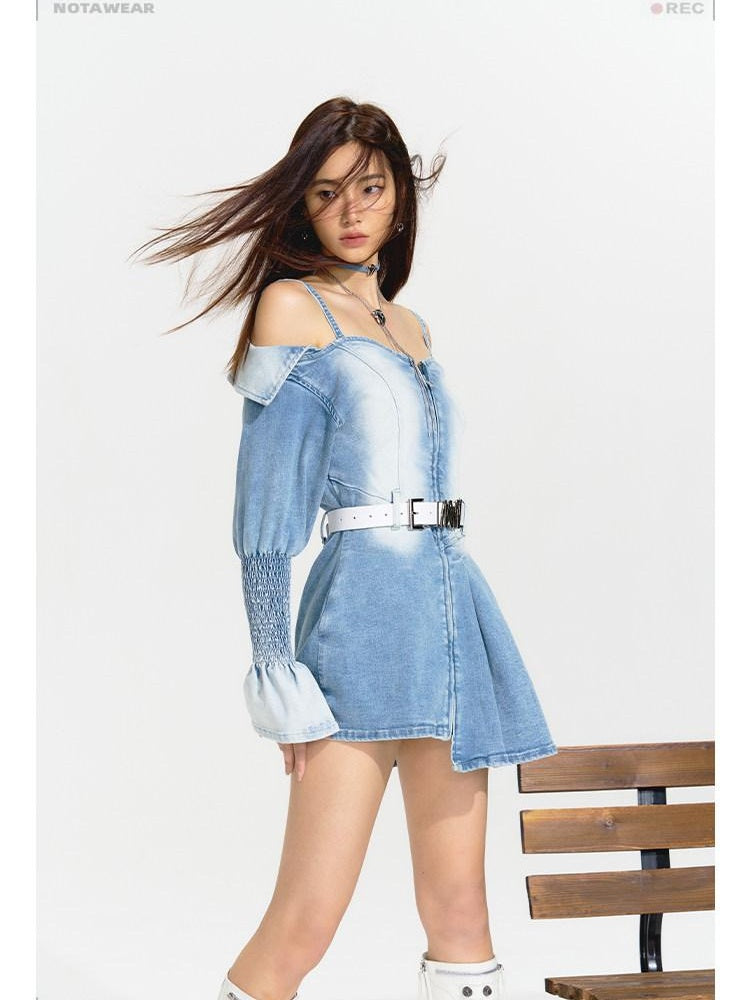 NAWSNOTAWEAR Distressed High Waist Asymmetrical Cotton Off Shoulder Women Blue Mini Dresses