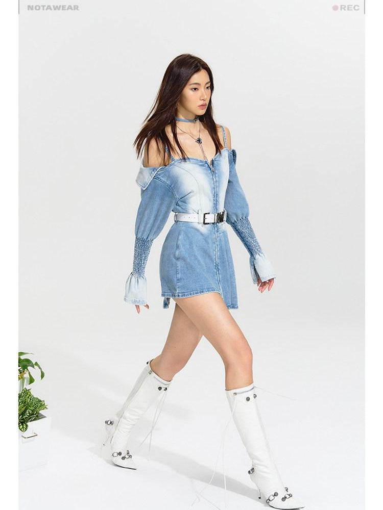 NAWSNOTAWEAR Distressed High Waist Asymmetrical Cotton Off Shoulder Women Blue Mini Dresses