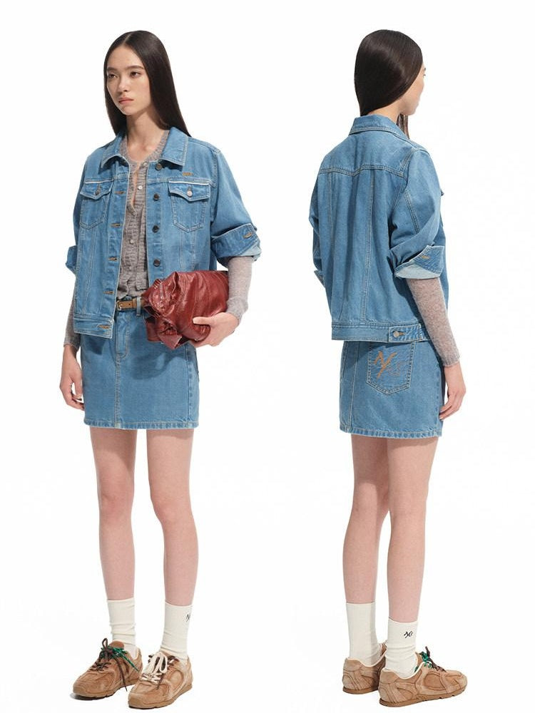NAWSNOTAWEAR Durable 100% Cotton Vintage Straight Denim Lapel Button Women Top & Skirt Sets