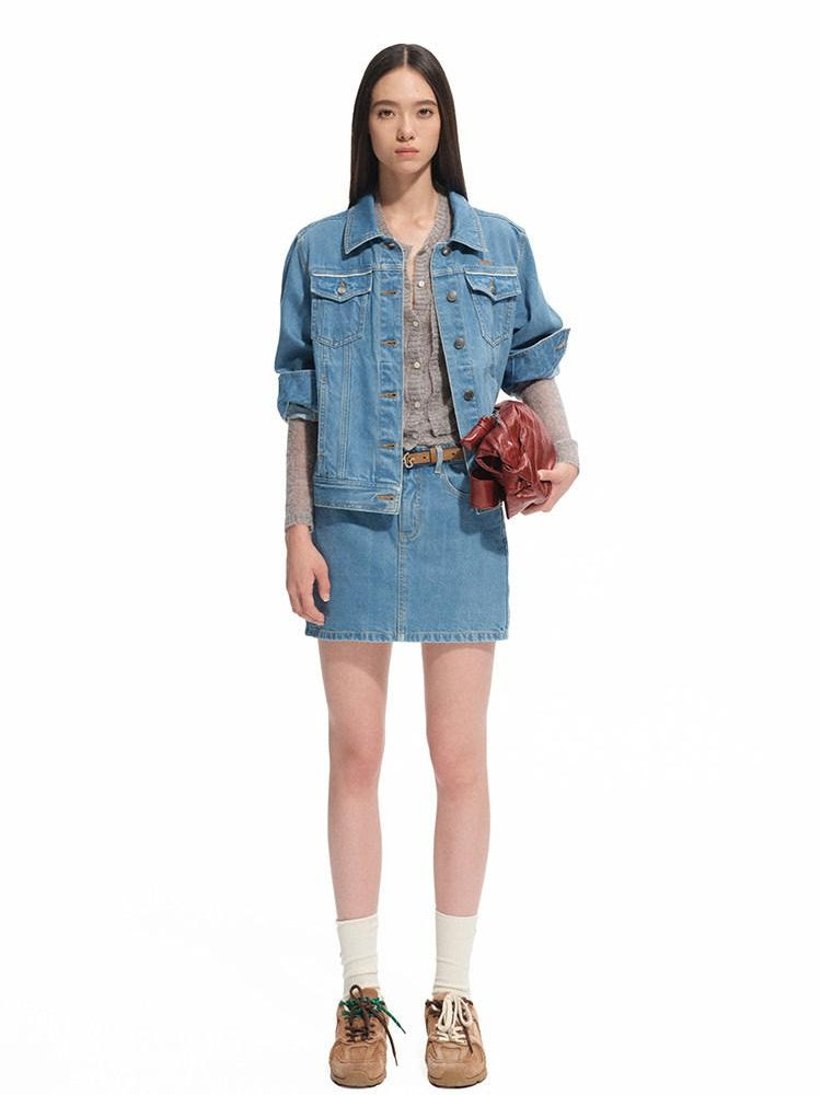 NAWSNOTAWEAR Durable 100% Cotton Vintage Straight Denim Lapel Button Women Top & Skirt Sets