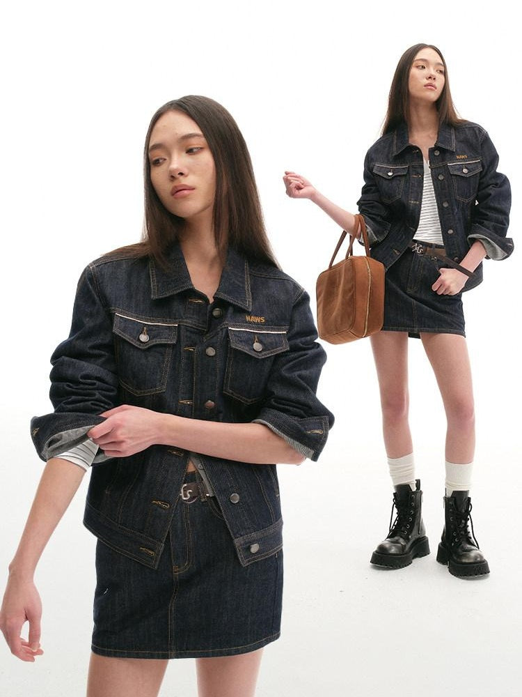 NAWSNOTAWEAR Durable 100% Cotton Vintage Straight Denim Lapel Button Women Top & Skirt Sets