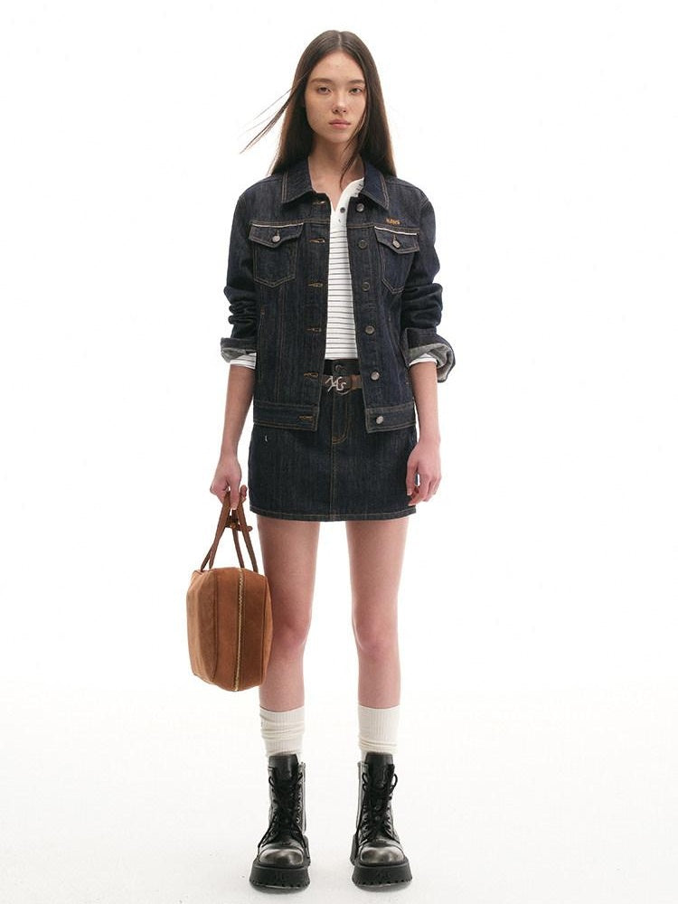 NAWSNOTAWEAR Durable 100% Cotton Vintage Straight Denim Lapel Button Women Top & Skirt Sets