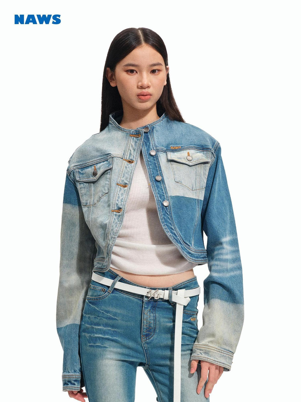 NAWSNOTAWEAR Durable Colorblock Straight Short Stand Collar Galaxy Blue Denim Jackets