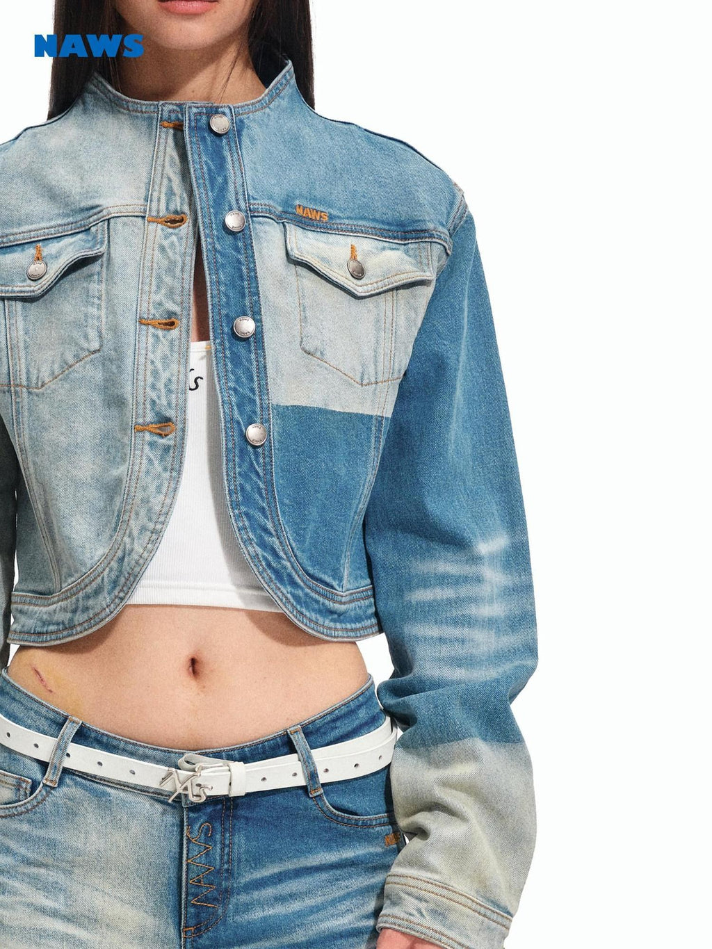 NAWSNOTAWEAR Durable Colorblock Straight Short Stand Collar Galaxy Blue Denim Jackets