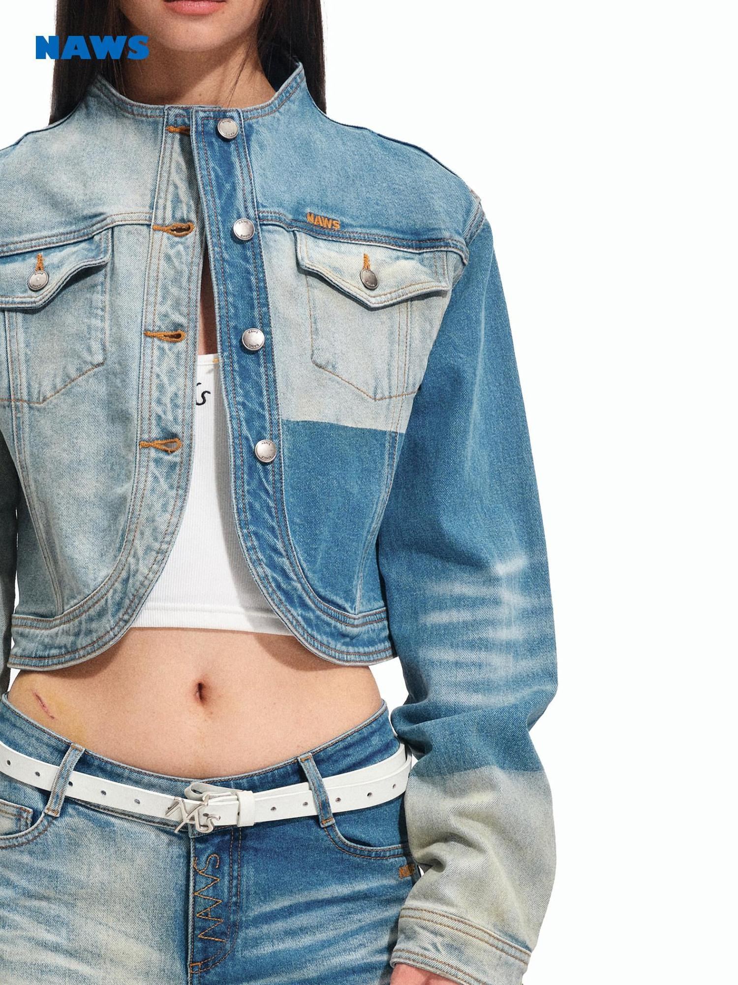 NAWSNOTAWEAR Durable Colorblock Straight Short Stand Collar Galaxy Blue Denim Jackets