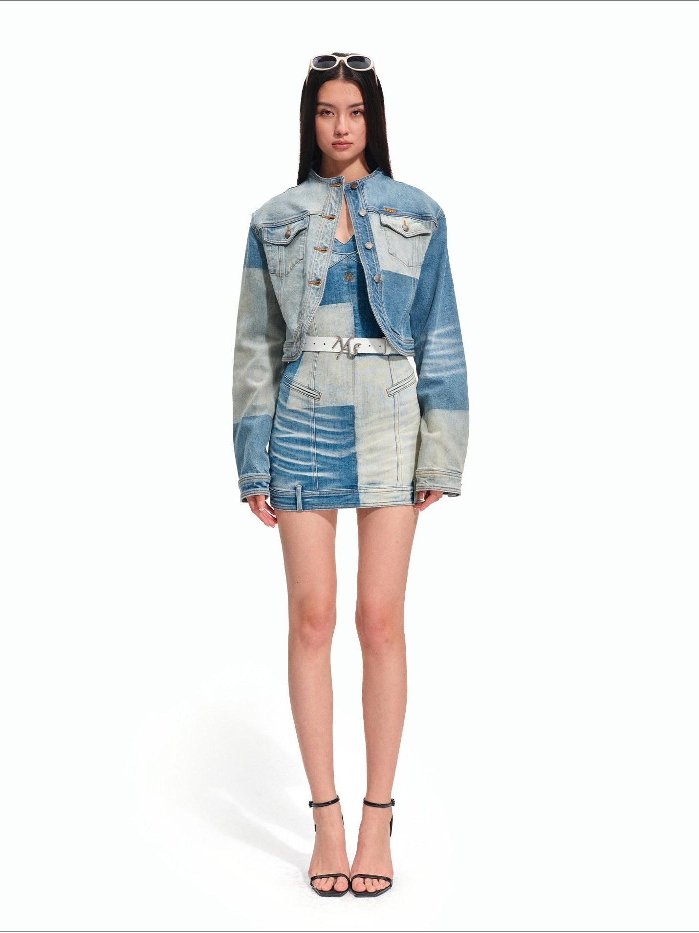 NAWSNOTAWEAR Durable Colorblock Straight Short Stand Collar Galaxy Blue Denim Jackets
