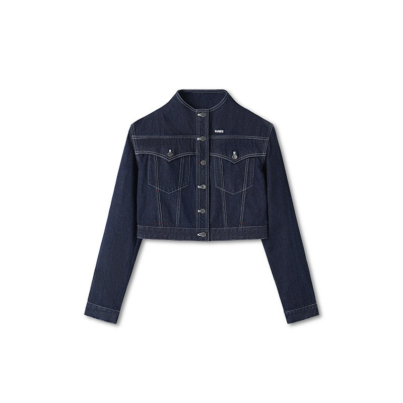 NAWSNOTAWEAR_Durable_Cotton_Cropped_Stand_Collar_Polka_Dot_Commuter_Indigo_Denim_Jackets_MISSTT