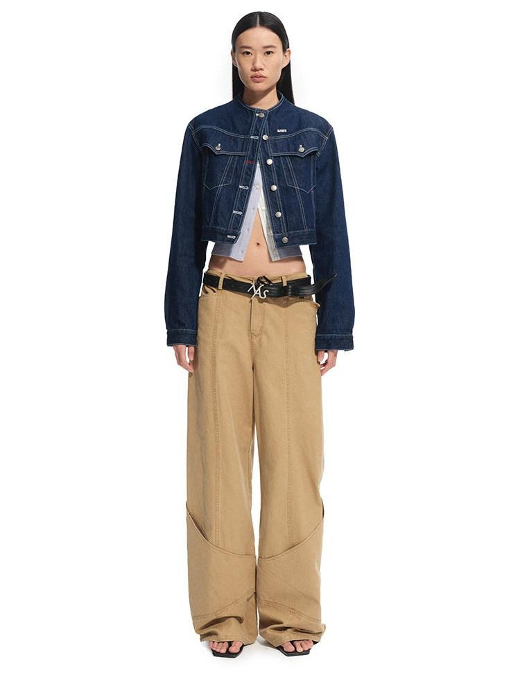 NAWSNOTAWEAR Durable Cotton Cropped Stand Collar Polka Dot Commuter Indigo Denim Jackets