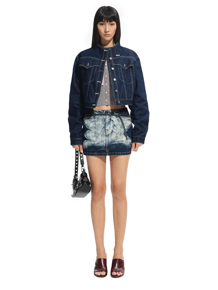 NAWSNOTAWEAR Durable Cotton Cropped Stand Collar Polka Dot Commuter Indigo Denim Jackets