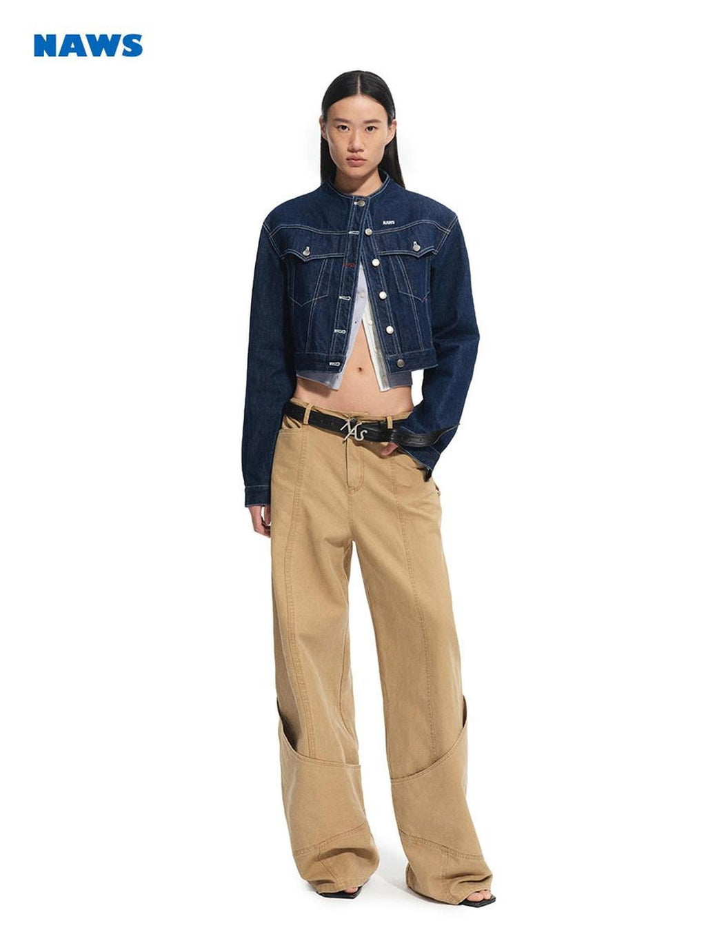 NAWSNOTAWEAR Durable Cotton Cropped Stand Collar Polka Dot Commuter Indigo Denim Jackets