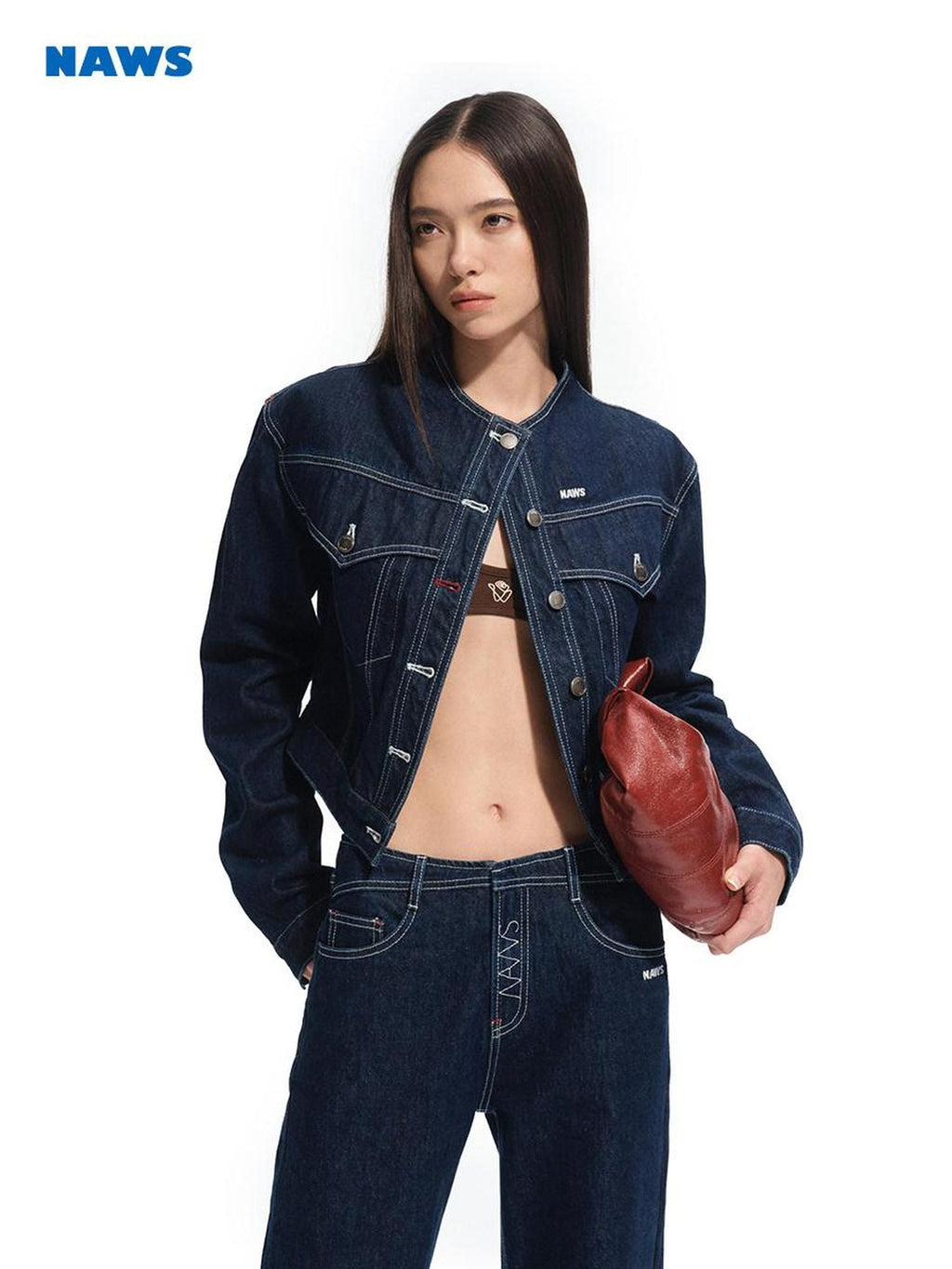 NAWSNOTAWEAR Durable Cotton Cropped Stand Collar Polka Dot Commuter Indigo Denim Jackets