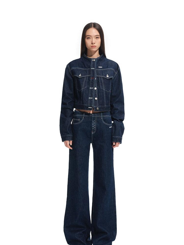 NAWSNOTAWEAR Durable Cotton Cropped Stand Collar Polka Dot Commuter Indigo Denim Jackets