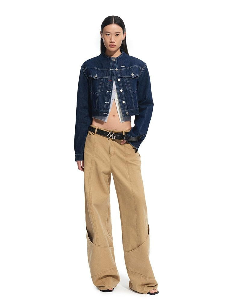 NAWSNOTAWEAR Durable Cotton Cropped Stand Collar Polka Dot Commuter Indigo Denim Jackets