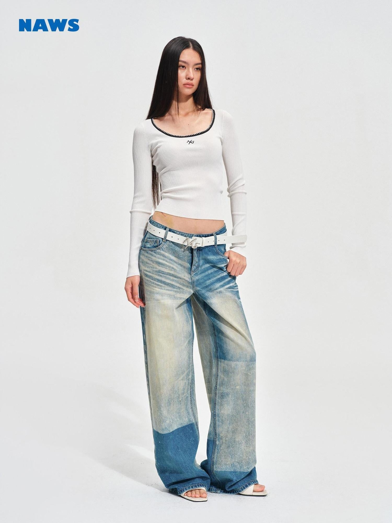 NAWSNOTAWEAR Durable Vintage Equestrian Distressed Natural Waist Galaxy Blue Wide Leg Jeans