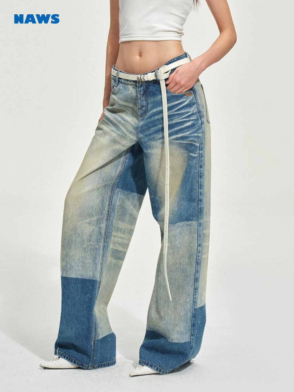 NAWSNOTAWEAR Durable Vintage Equestrian Distressed Natural Waist Galaxy Blue Wide Leg Jeans