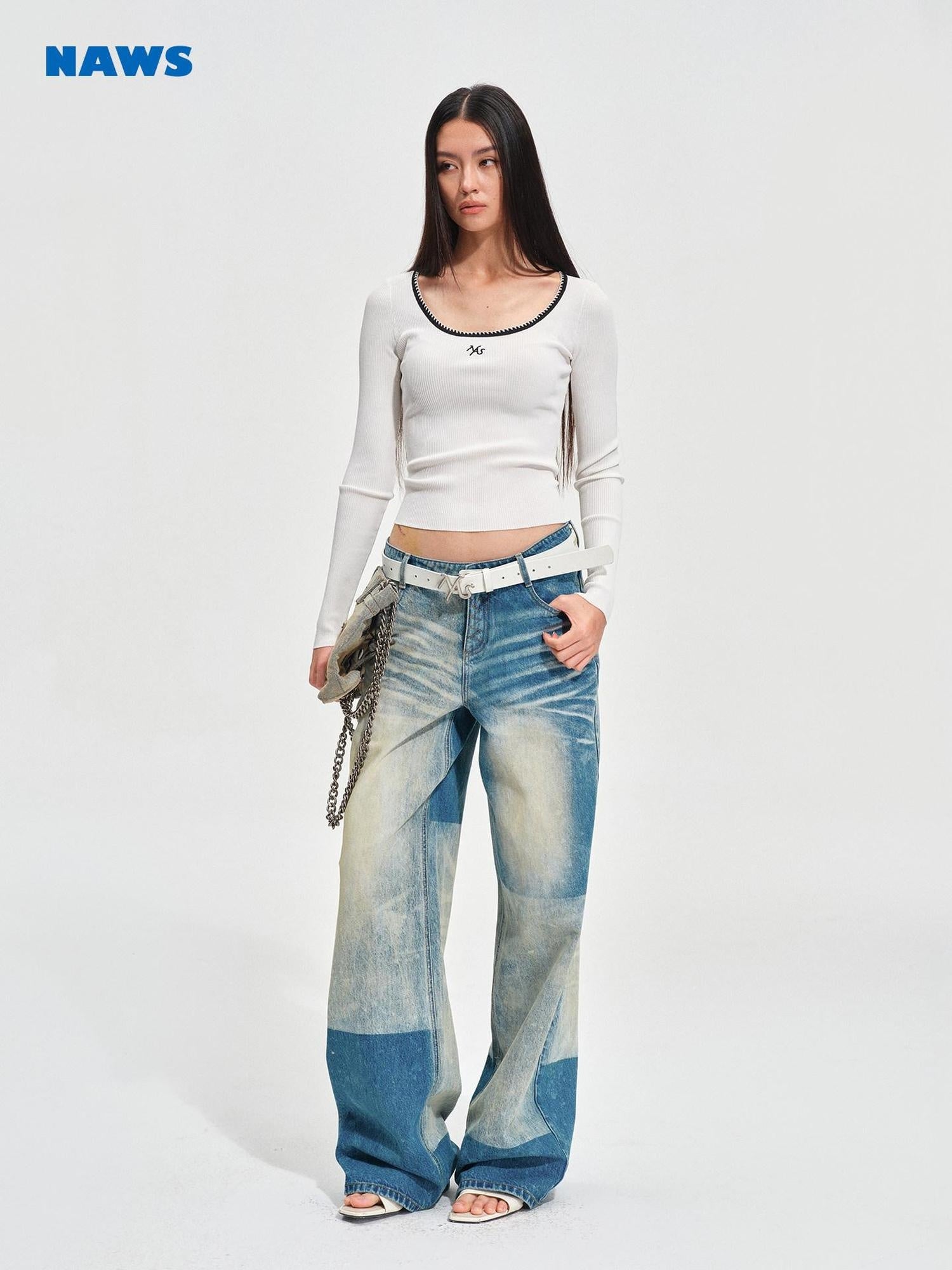 NAWSNOTAWEAR Durable Vintage Equestrian Distressed Natural Waist Galaxy Blue Wide Leg Jeans