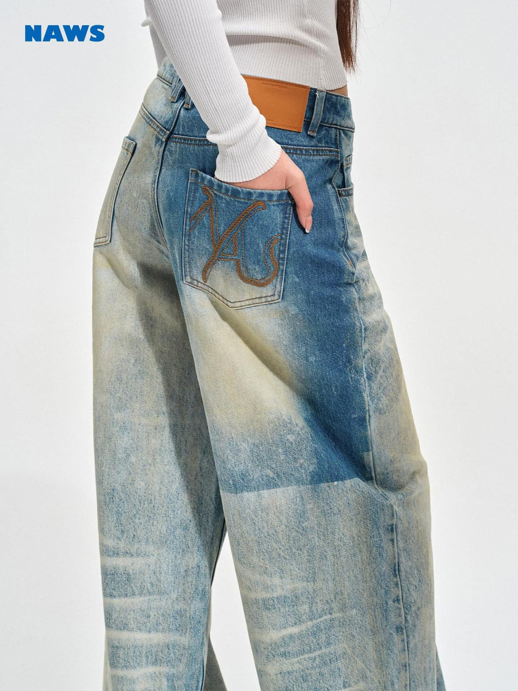 NAWSNOTAWEAR Durable Vintage Equestrian Distressed Natural Waist Galaxy Blue Wide Leg Jeans