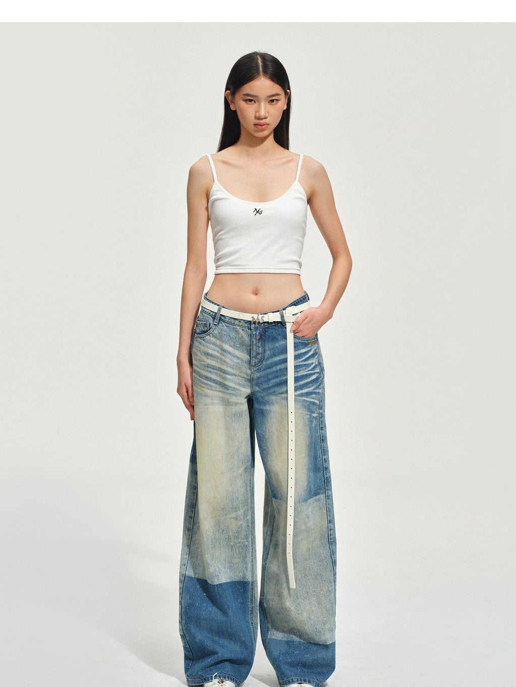 NAWSNOTAWEAR Durable Vintage Equestrian Distressed Natural Waist Galaxy Blue Wide Leg Jeans