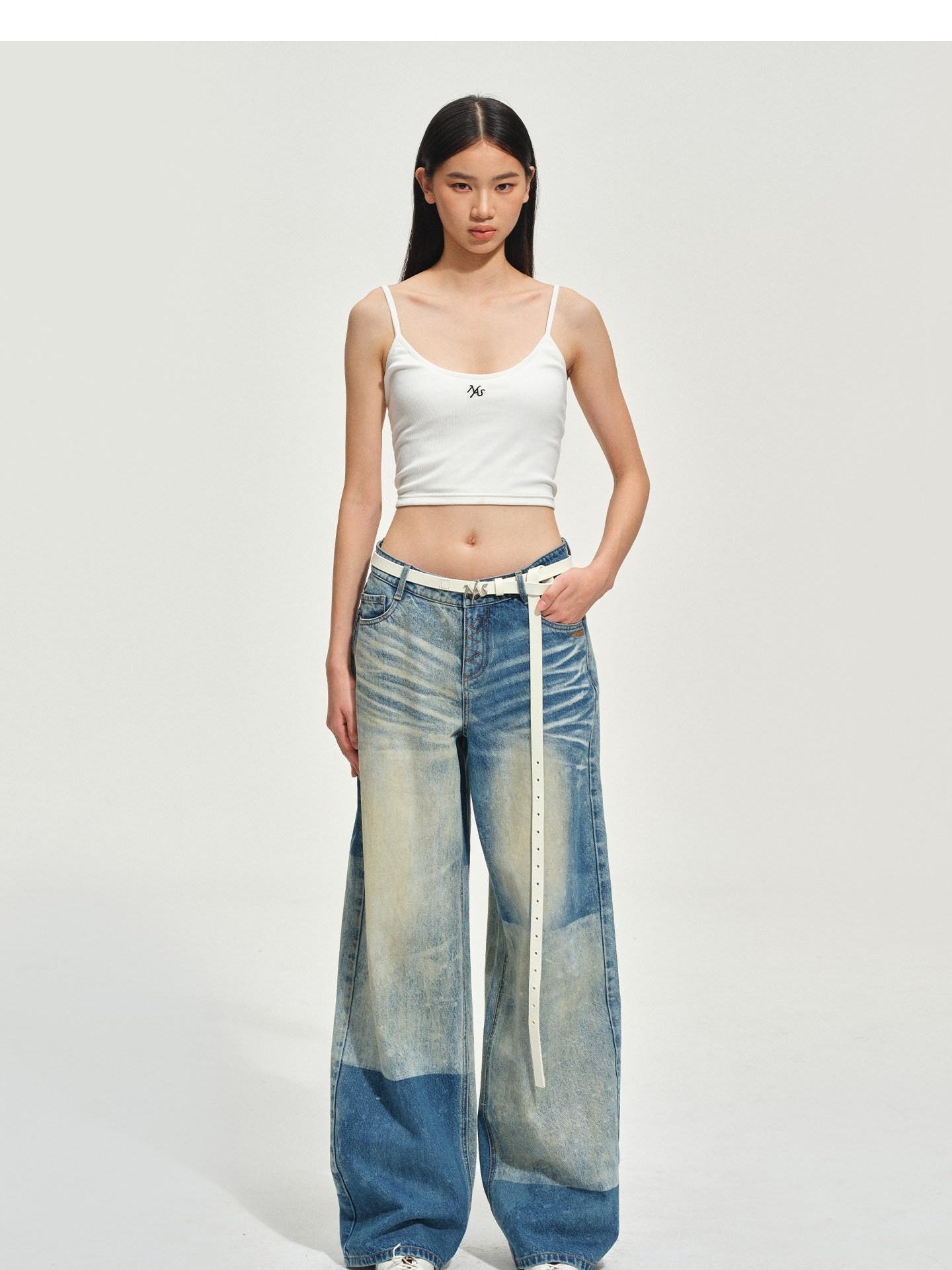 NAWSNOTAWEAR Durable Vintage Equestrian Distressed Natural Waist Galaxy Blue Wide Leg Jeans