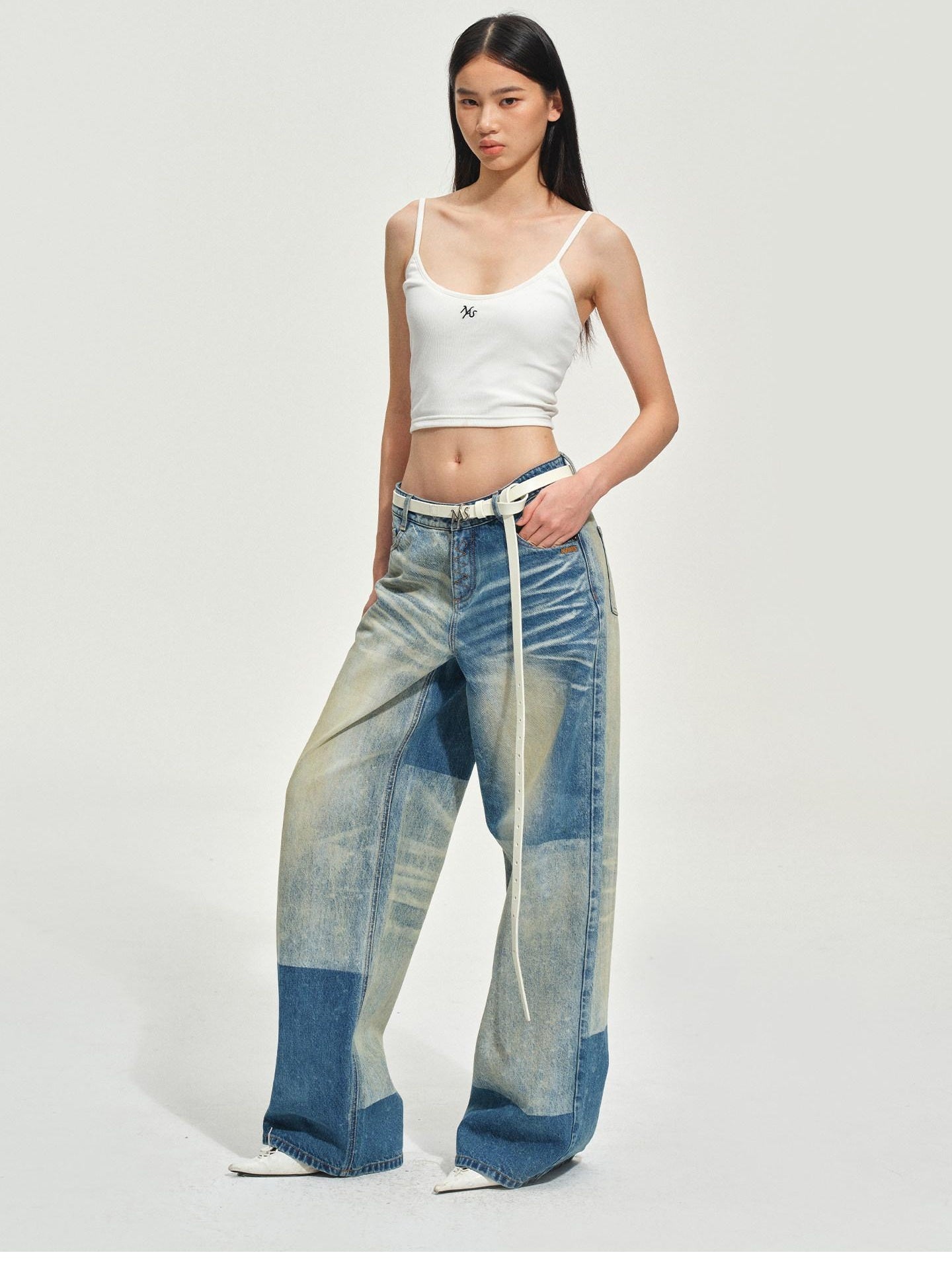 NAWSNOTAWEAR Durable Vintage Equestrian Distressed Natural Waist Galaxy Blue Wide Leg Jeans
