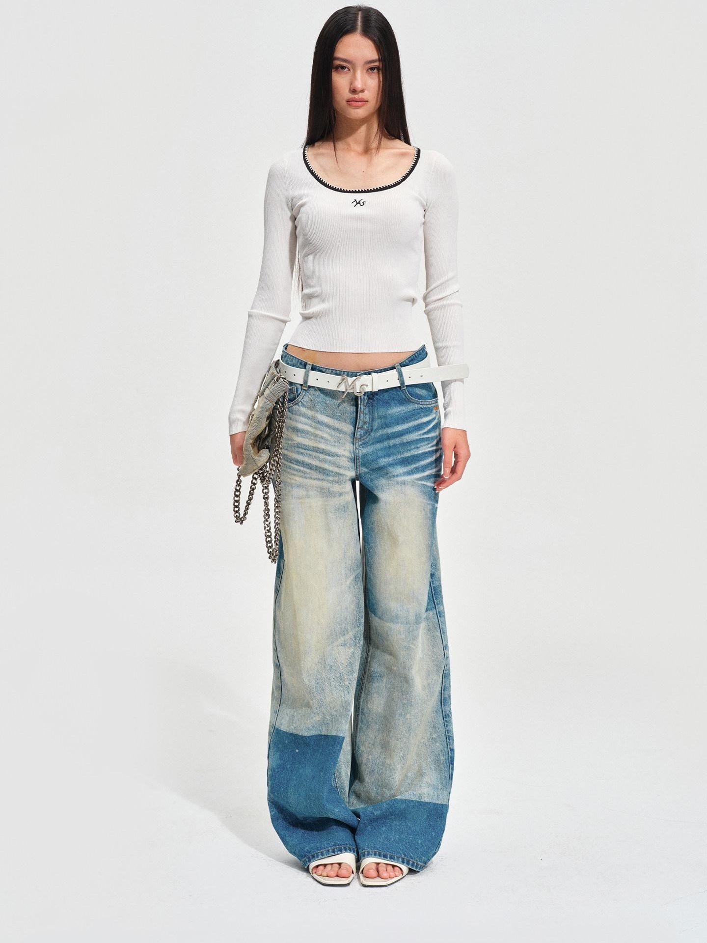 NAWSNOTAWEAR Durable Vintage Equestrian Distressed Natural Waist Galaxy Blue Wide Leg Jeans